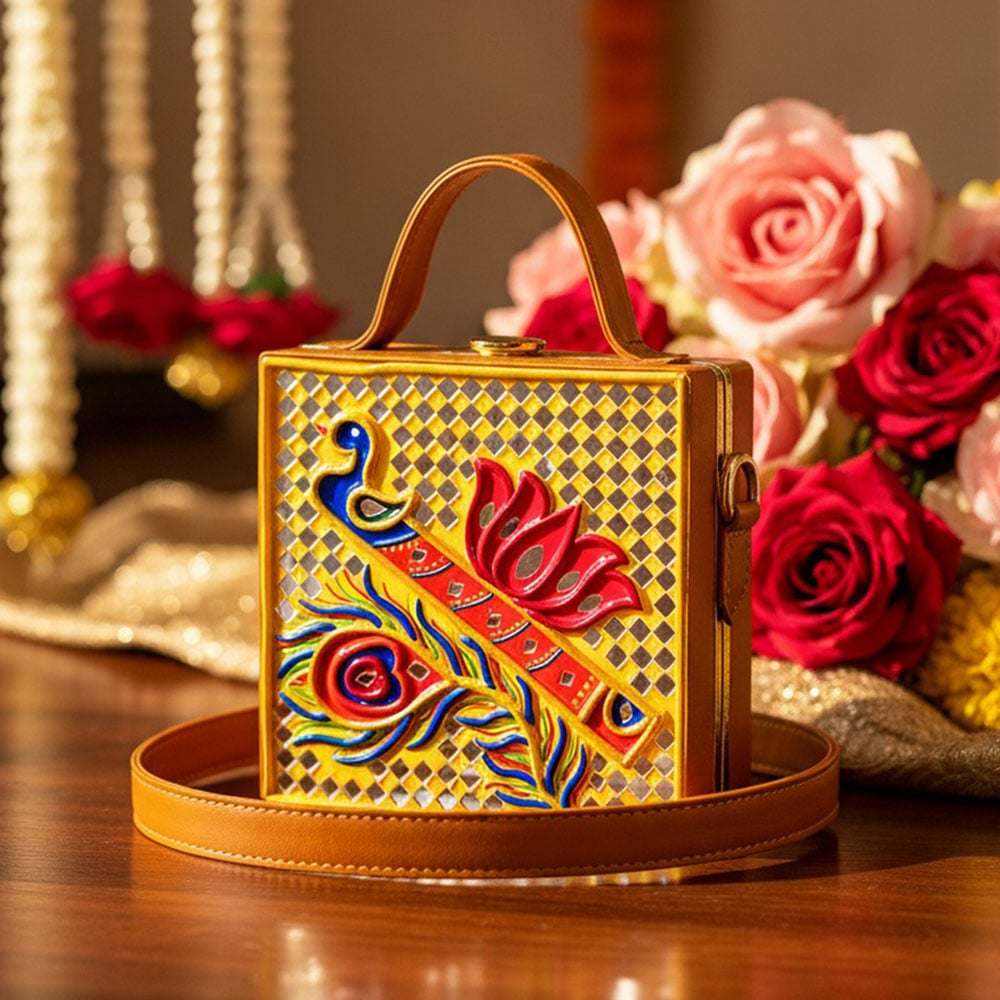 Handcrafted Vegan Leather Bansuri Lippan Mirror Sling Bag